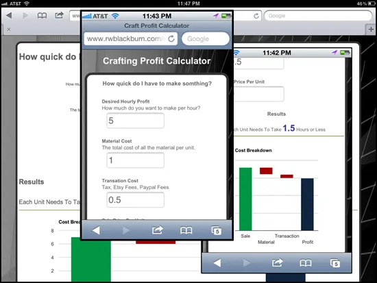 Screenshot of online crafting profit calculator showing application tailors itself to tablets and smart phones in either portrait or landscape modes